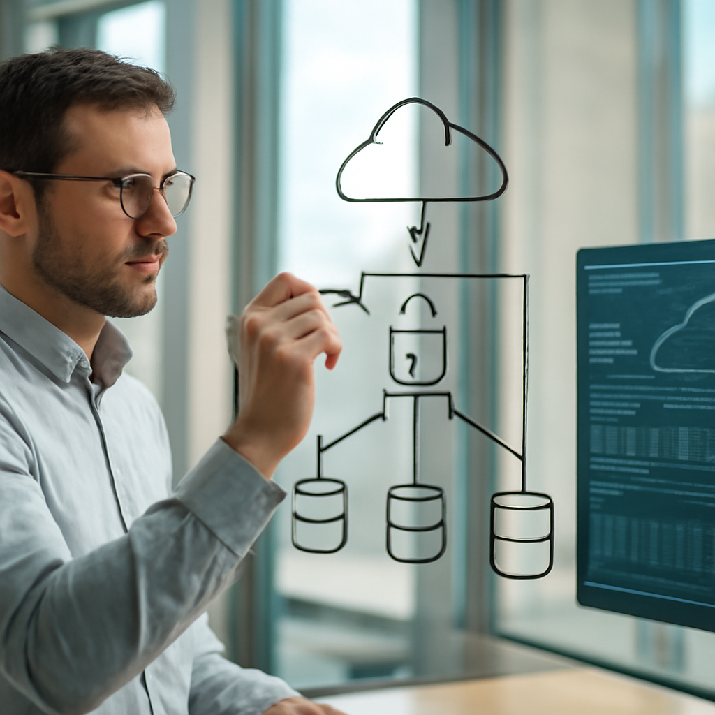 a photorealistic architect drawing a secure serverless workflow on a glass wall beside a cloud infrastructure dashboard
