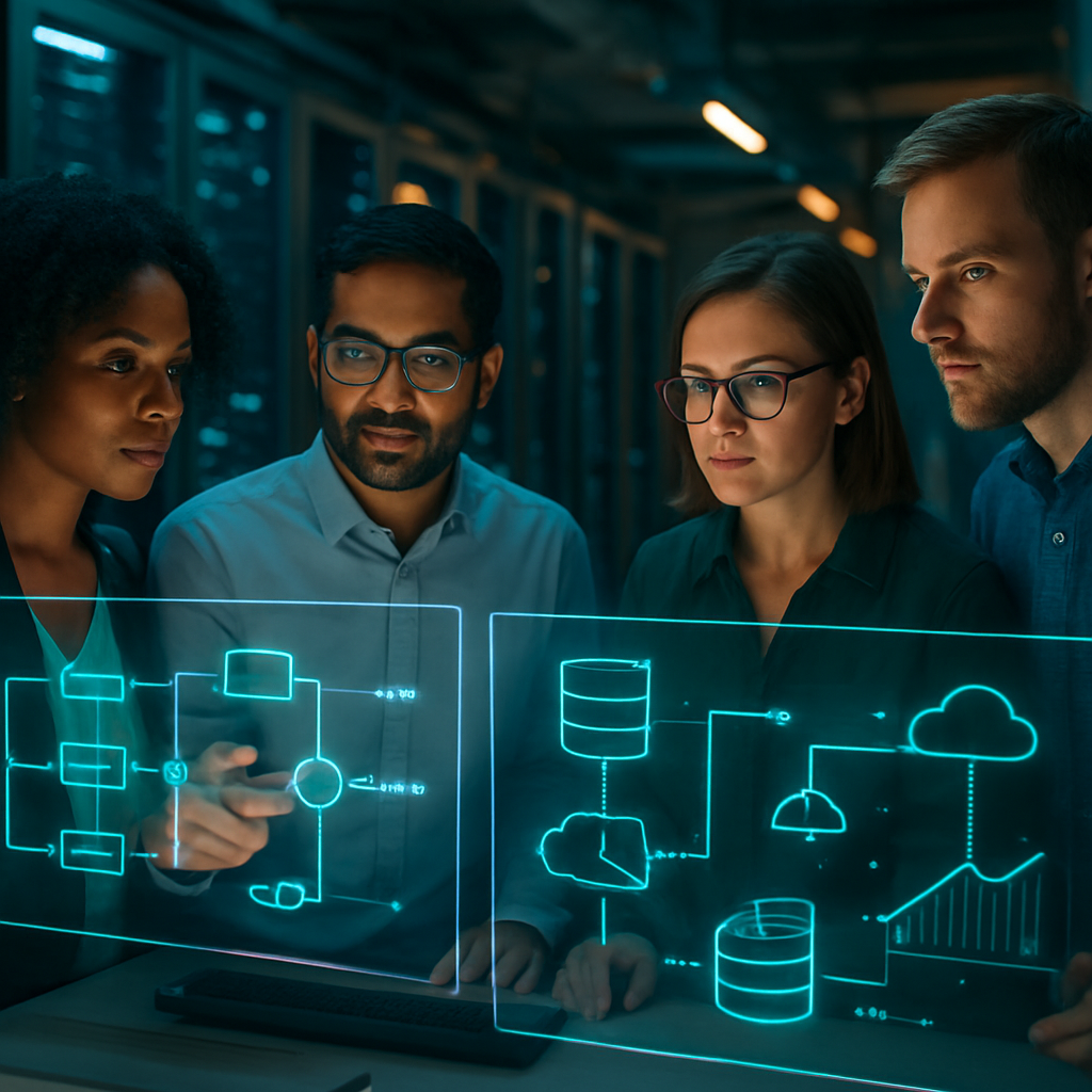Cloud engineers reviewing a futuristic serverless computing architecture on transparent displays in a modern data center