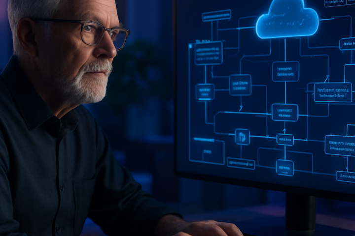Architect reviewing a serverless cloud architecture on a large monitor in a modern technology workspace