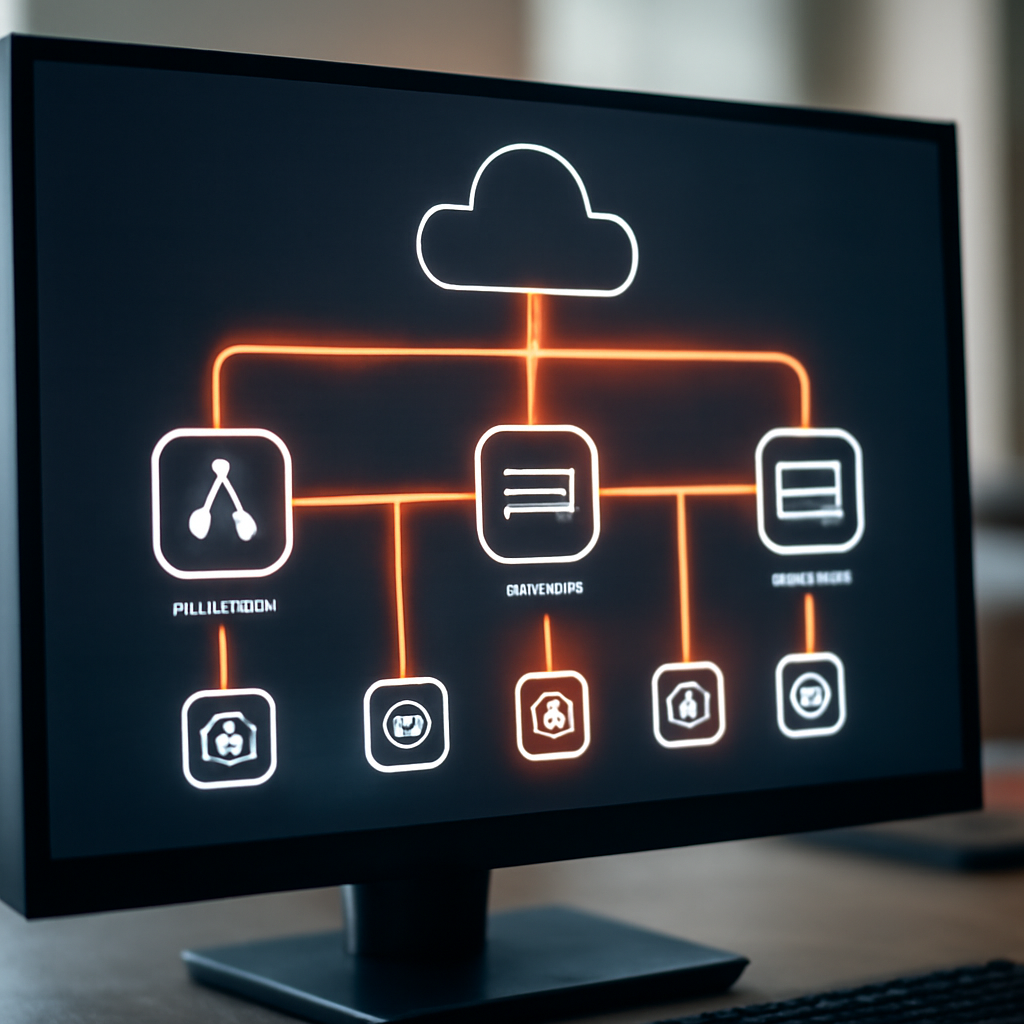 a photorealistic cloud architecture dashboard showing glowing event streams connecting serverless functions, queues, and