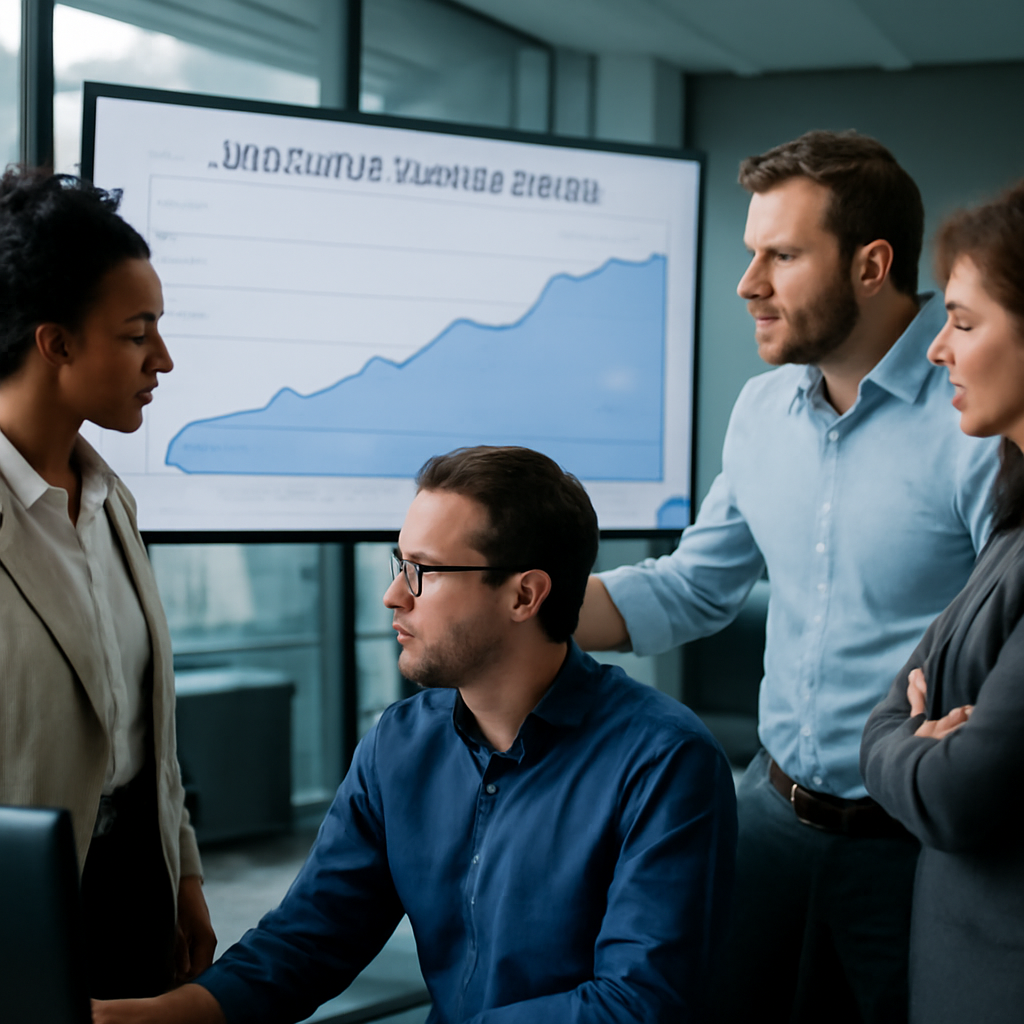 a photorealistic engineering team reviewing a serverless cloud cost chart on a large monitor in a modern operations room
