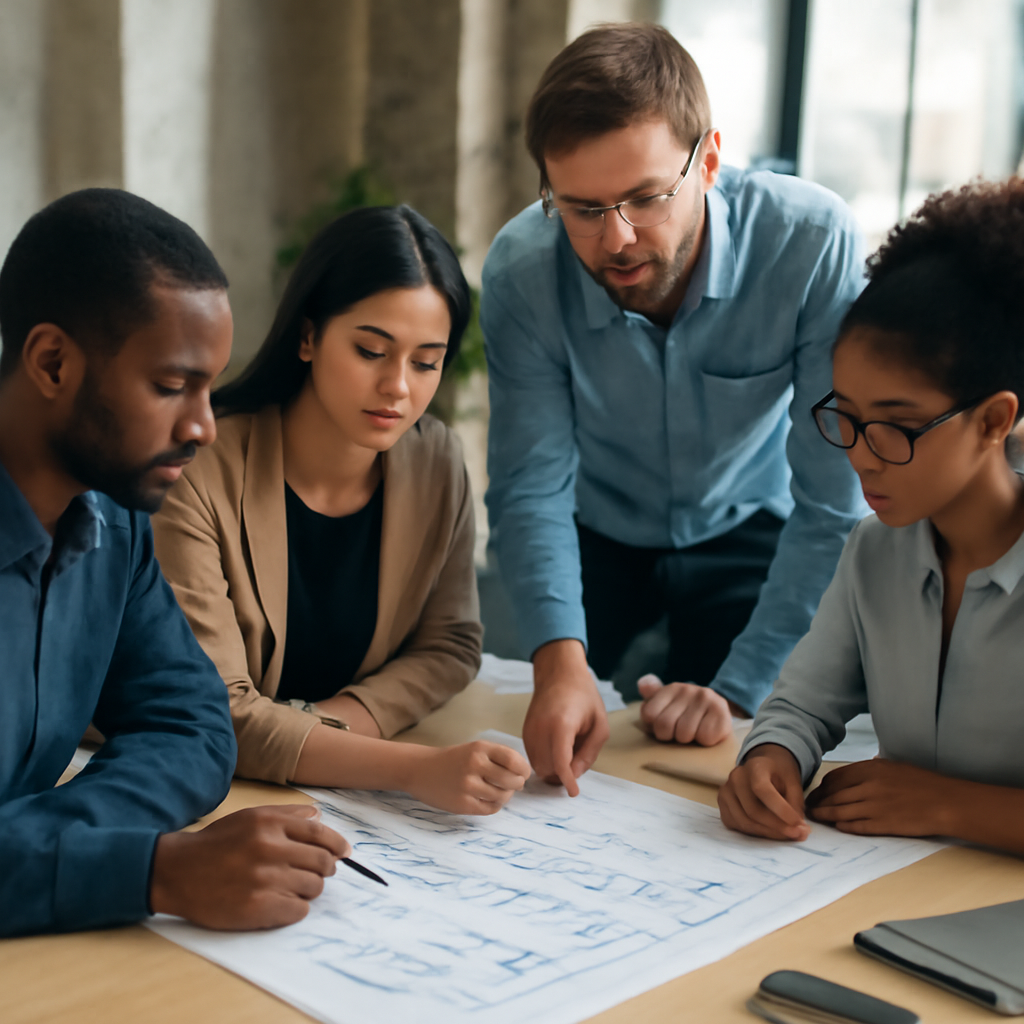 a photorealistic cloud governance workshop with architecture diagrams, security checklists, and diverse engineers collab