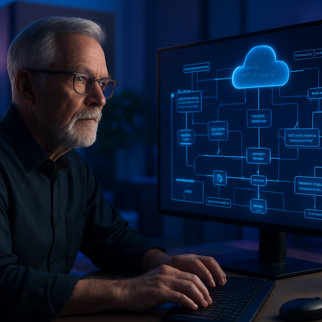 Architect reviewing a serverless cloud architecture on a large monitor in a modern technology workspace