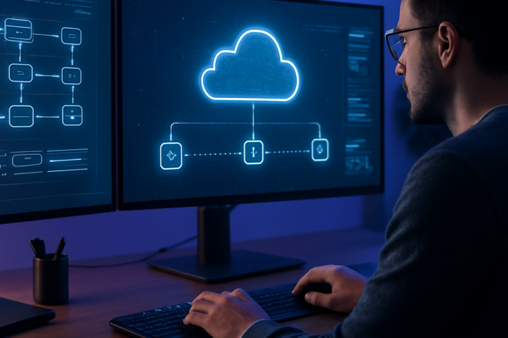 Cloud engineer reviewing a serverless computing architecture on multiple monitors