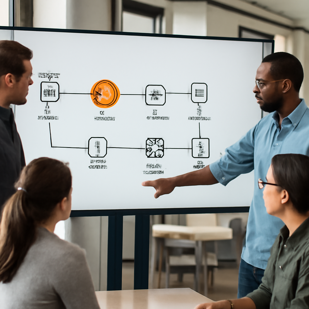 a photorealistic software team reviewing a serverless architecture diagram on a large screen in a bright engineering off
