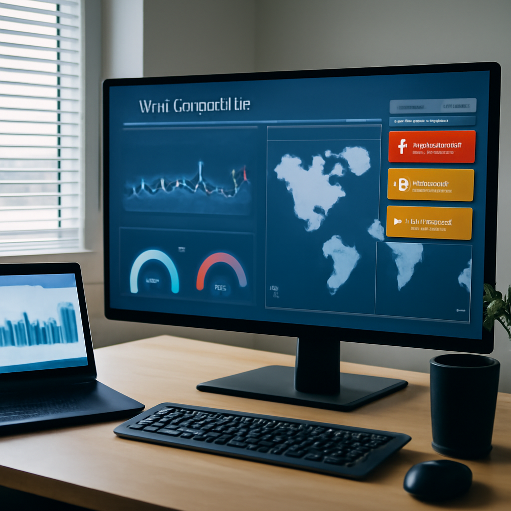 a photorealistic cloud operations workspace with monitoring charts, alert notifications, and a global application map
