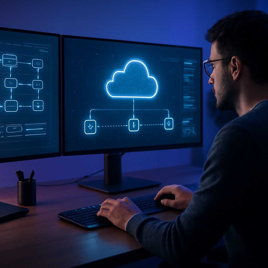 Cloud engineer reviewing a serverless computing architecture on multiple monitors