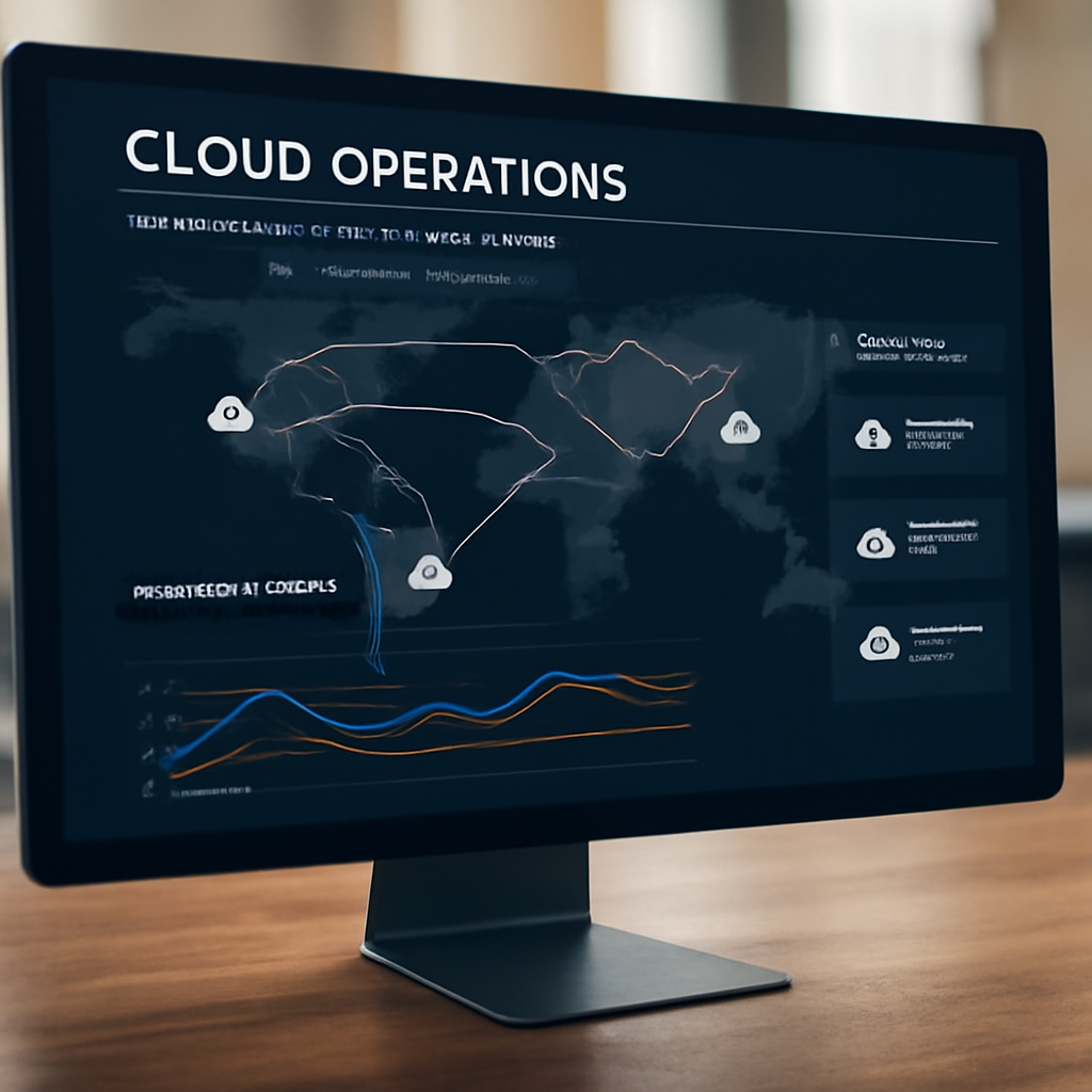 a photorealistic cloud operations dashboard showing event streams connecting serverless functions across global regions