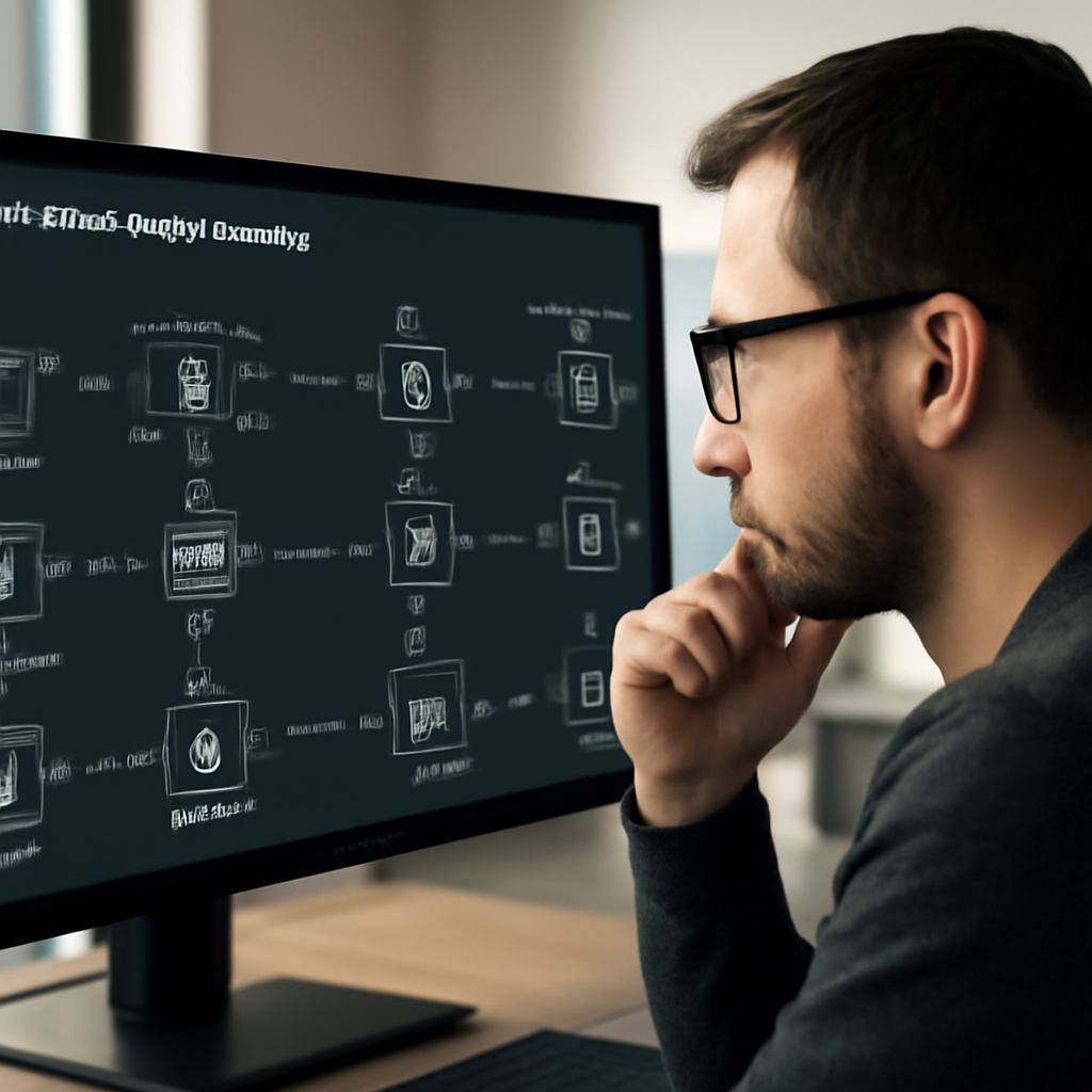 a security engineer reviewing a serverless application map with encrypted event flows and permission indicators on a lar