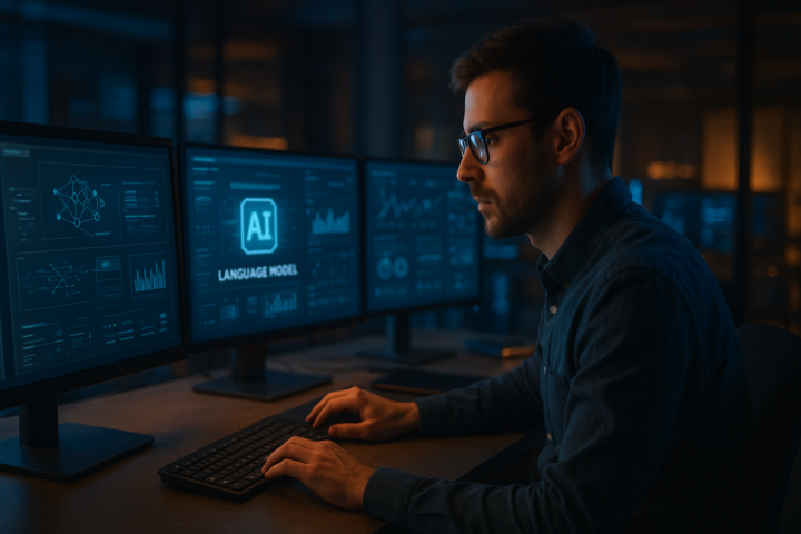 Engineer reviewing a small language model deployment on multiple monitors in a modern AI lab