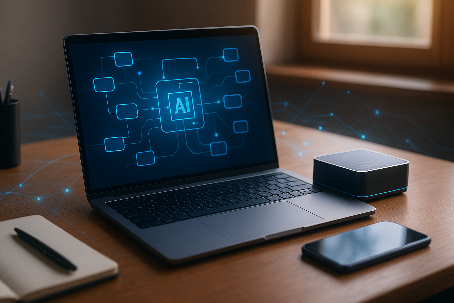 Laptop displaying a compact language model workflow beside a small edge AI device on a modern desk