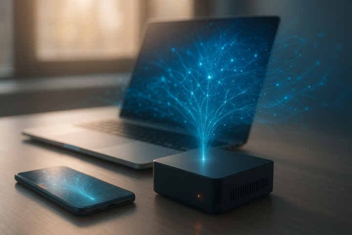 Photorealistic close-up of a compact AI device processing glowing language data on a modern desk