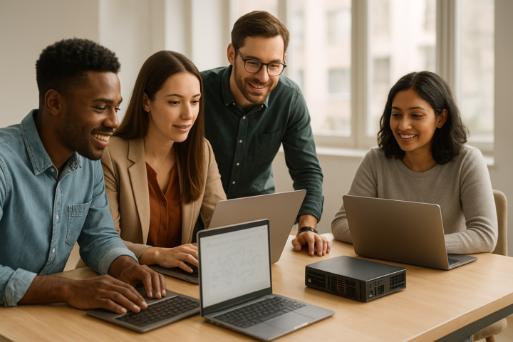 Professional team reviewing small language model workflows on laptops in a modern office