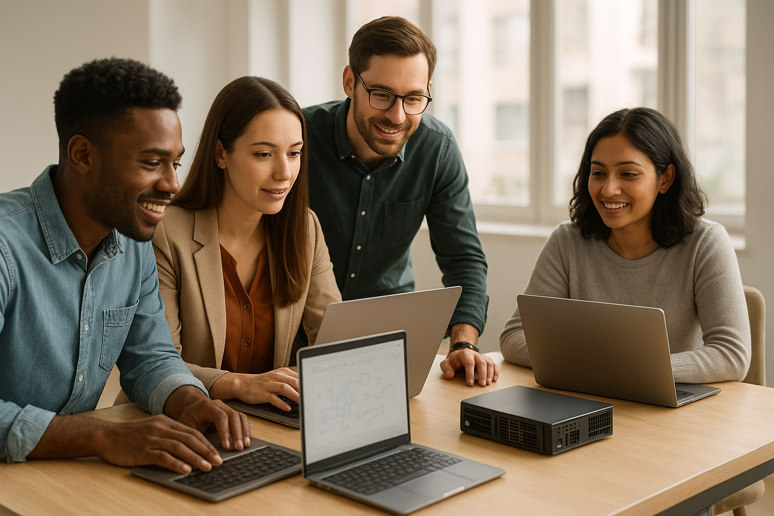 Professional team reviewing small language model workflows on laptops in a modern office