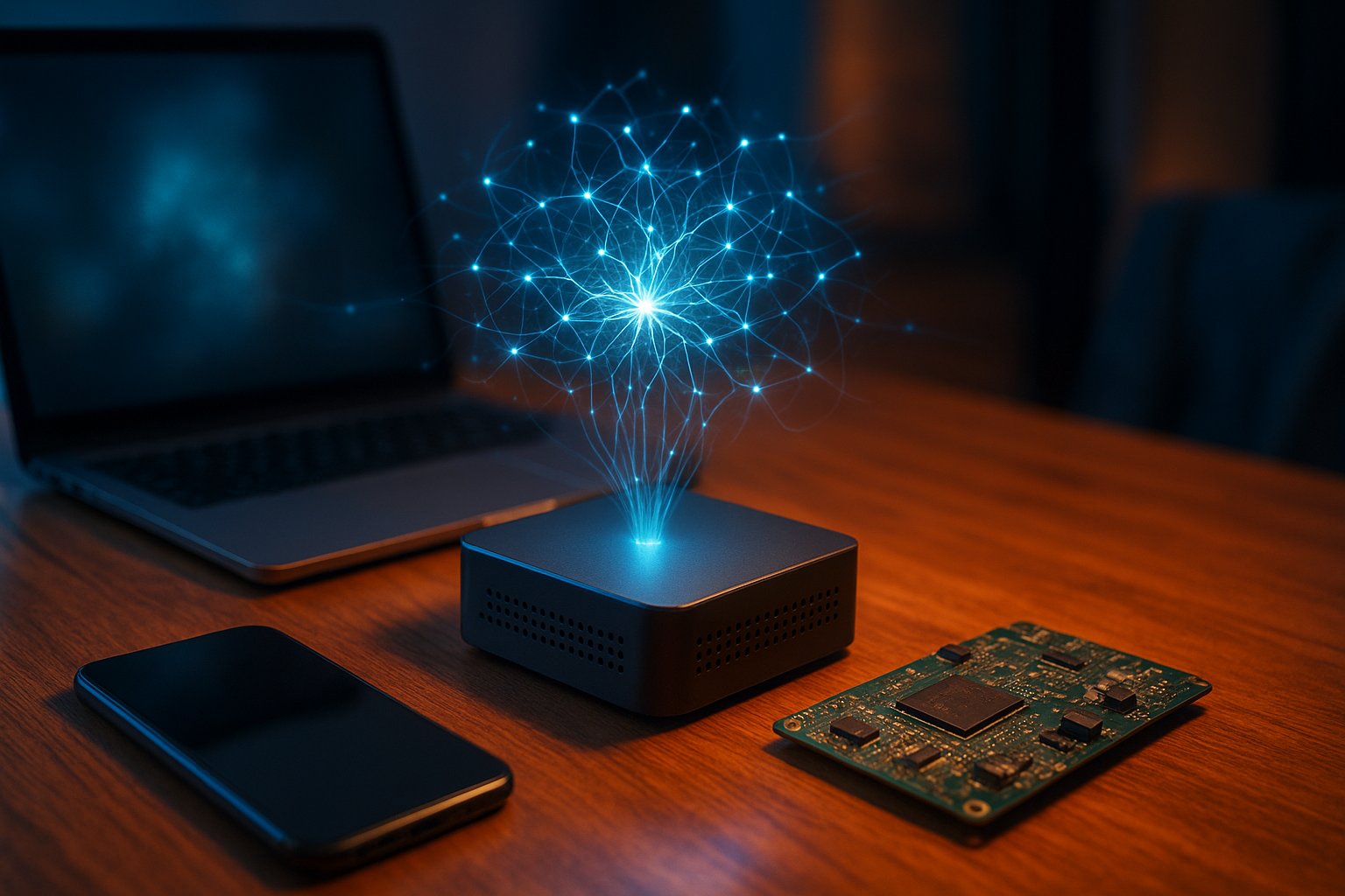 Small language models visualized as compact AI systems running across devices in a modern workspace