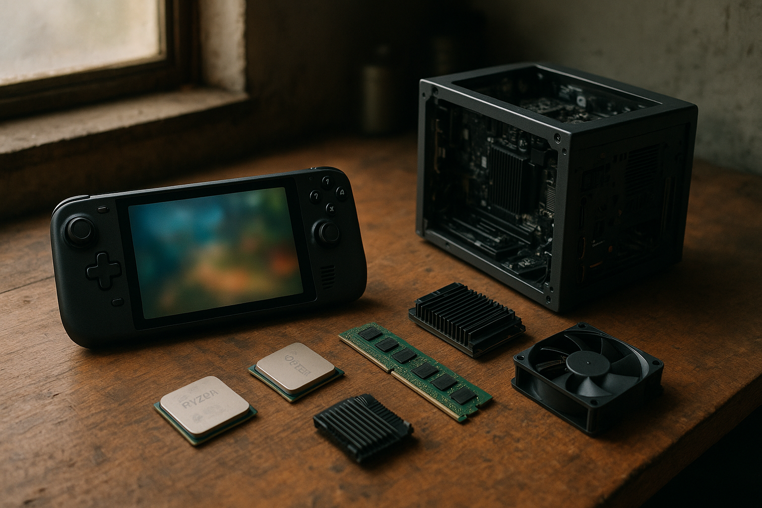SteamOS 3.8 displayed on a monitor beside a handheld gaming PC and desktop hardware