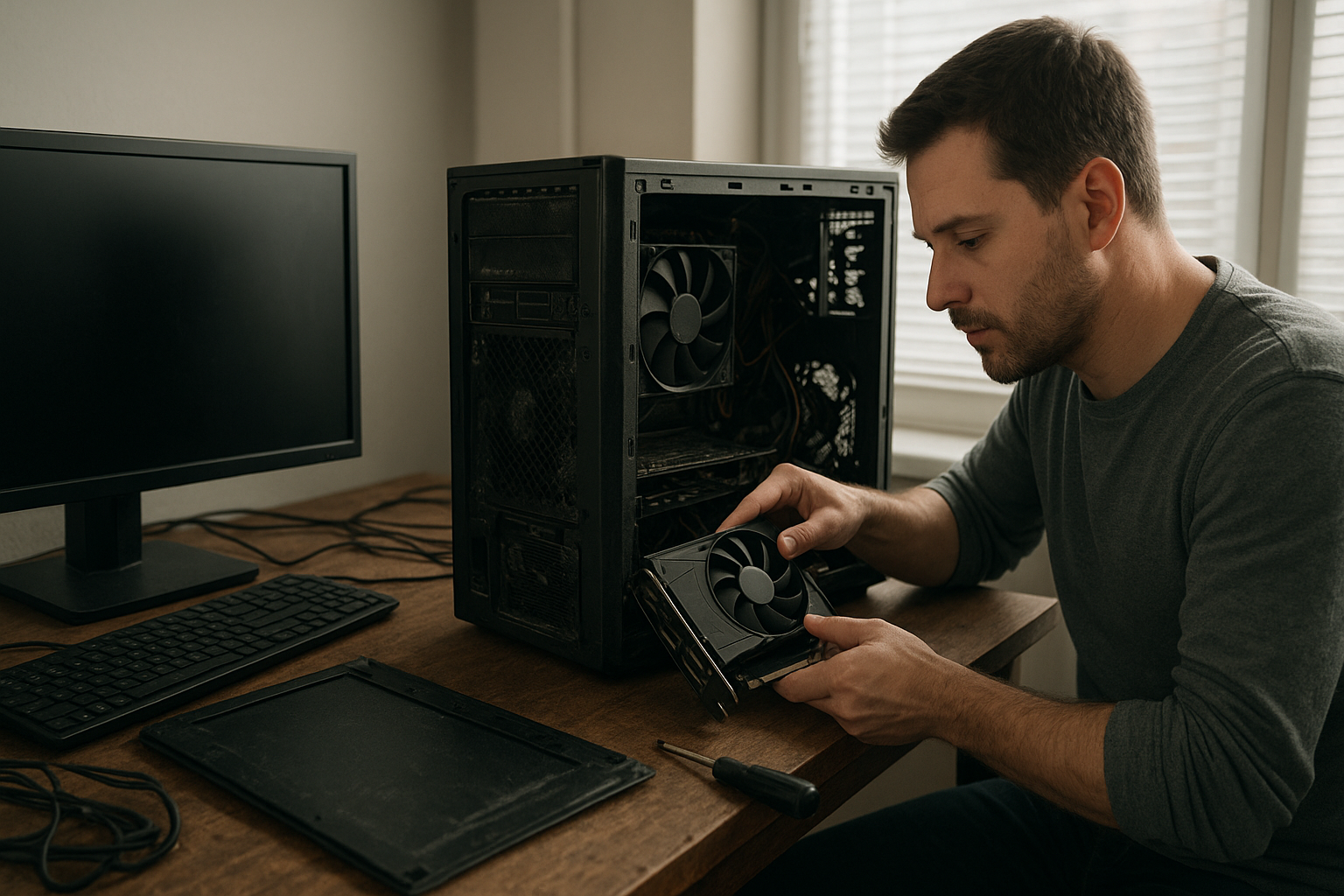 Windows 11 gaming crashes troubleshooting screen beside a gaming PC and controller