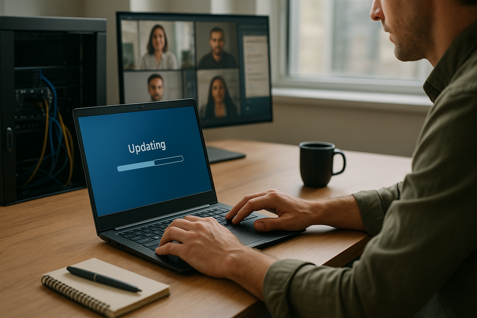 Conceptual illustration of Windows 11 hotpatching with a laptop receiving an update without restarting