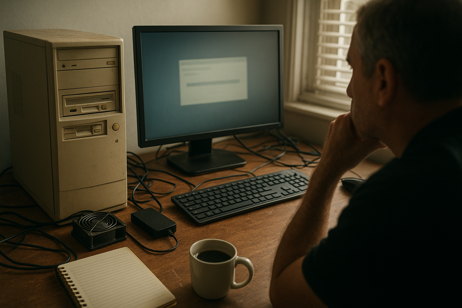 Windows 11 issues represented on a desktop monitor with performance, gaming, update, advertising, and AI warning symbols