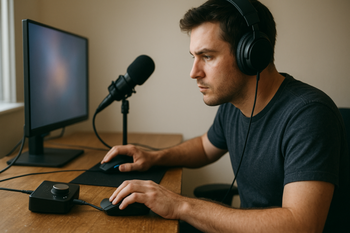 Windows 11 low-latency profile on a gaming PC with headphones and an audio waveform