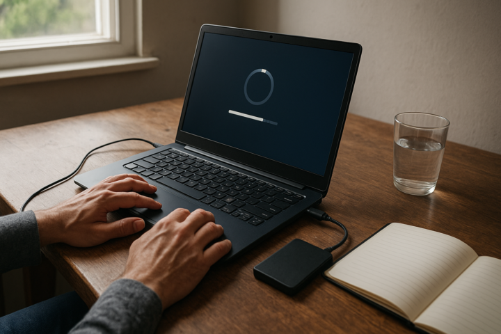 Laptop showing a Windows Update failure message beside a checklist of Windows Update fixes